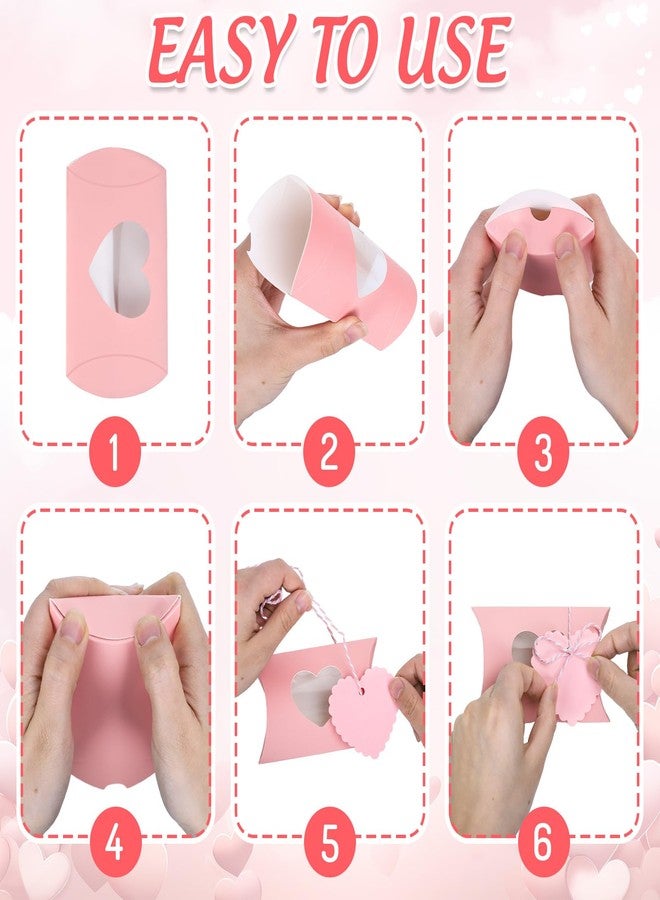 JarThenaAMCS 50Pcs Valentine's Day Treat Boxes with Gift Tags Cotton Rope Red Pink Pillow Boxes with Heart PVC Window Gift Paper Container for Sweets Chocolate Birthday Wedding Party - Image 4